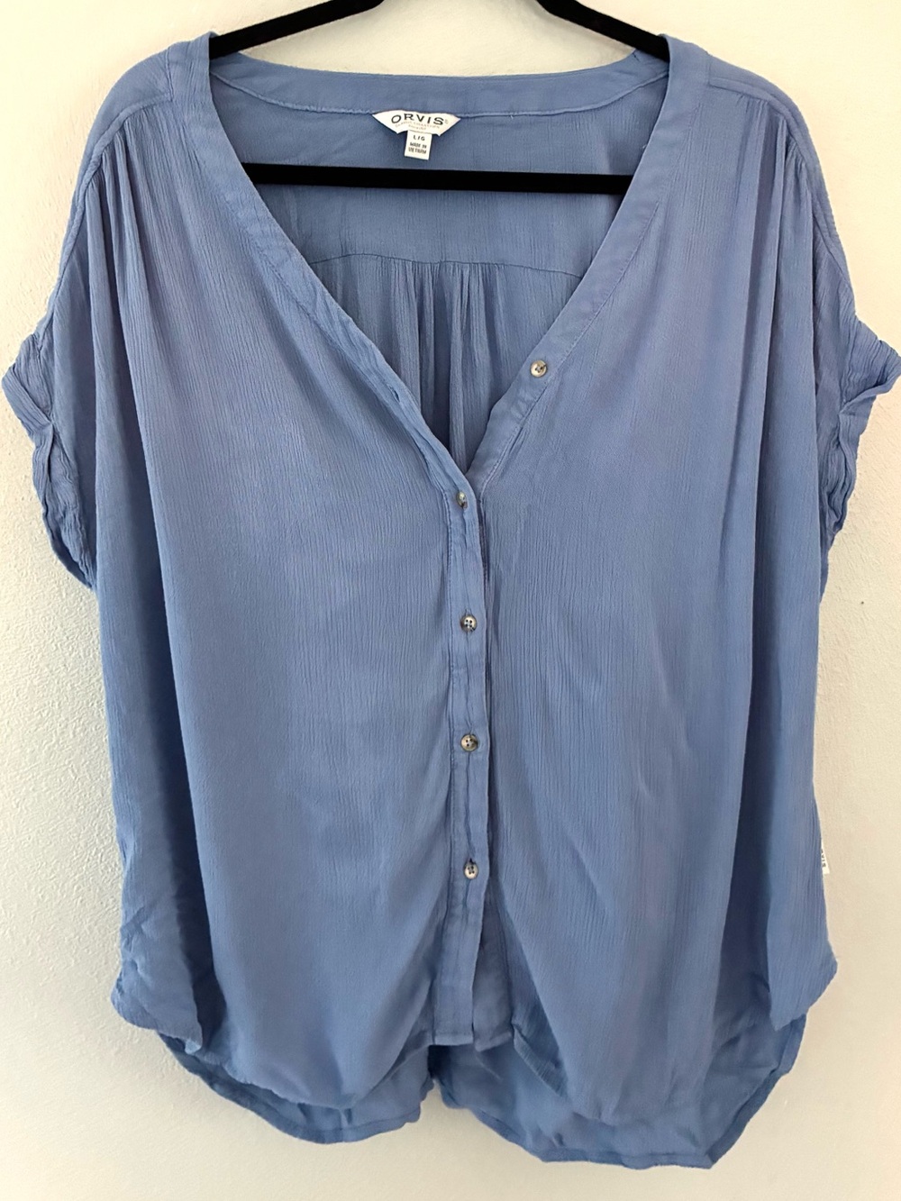 Orvis Blue Textured Button Front Blouse Women’s Large Lightweight Coastal